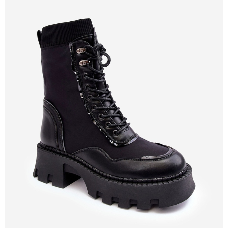 PS1 Skórzane Szurowane Masywne Workery Botki Damskie Czarne Seloma 1