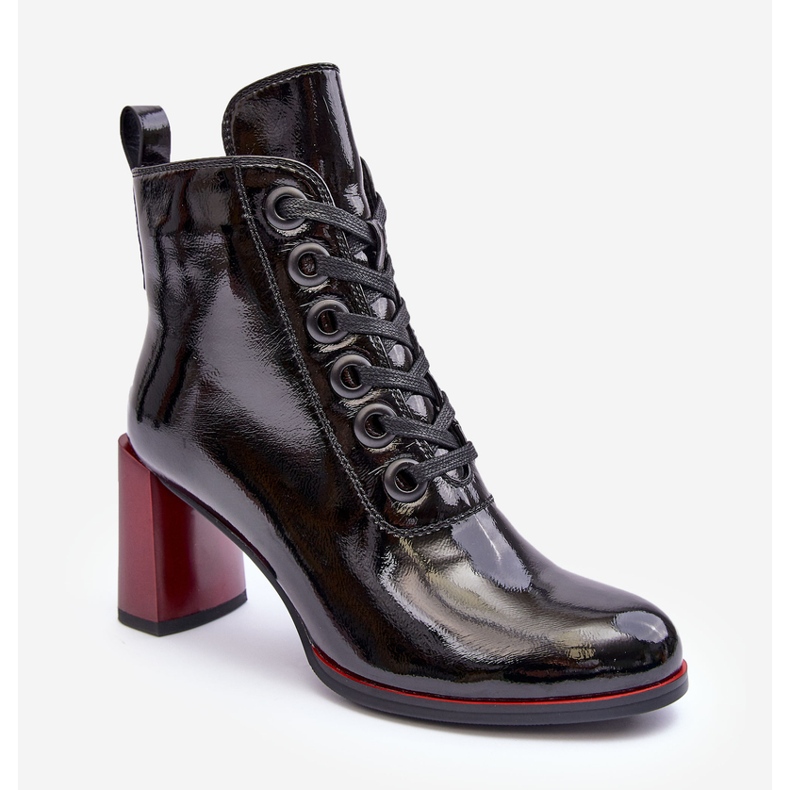 Lakierowane Sznurowane Botki Na Słupku S.Barski MR870-15 Czarne 1