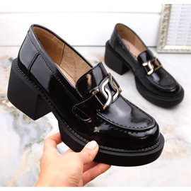 Skórzane lakierowane mokasyny damskie na obcasie czarne Filippo DP4920 1