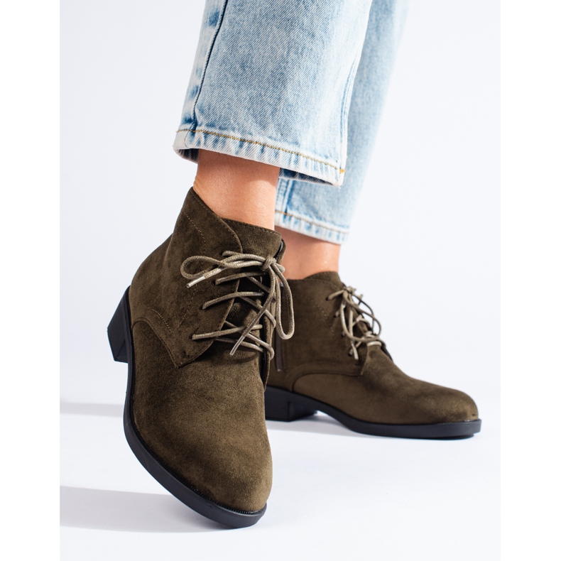 Wiązane zamszowe zielone botki Shelovet 1