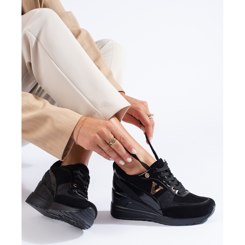 W. Potocki Czarne wiązane sneakersy na koturnie Potocki 1