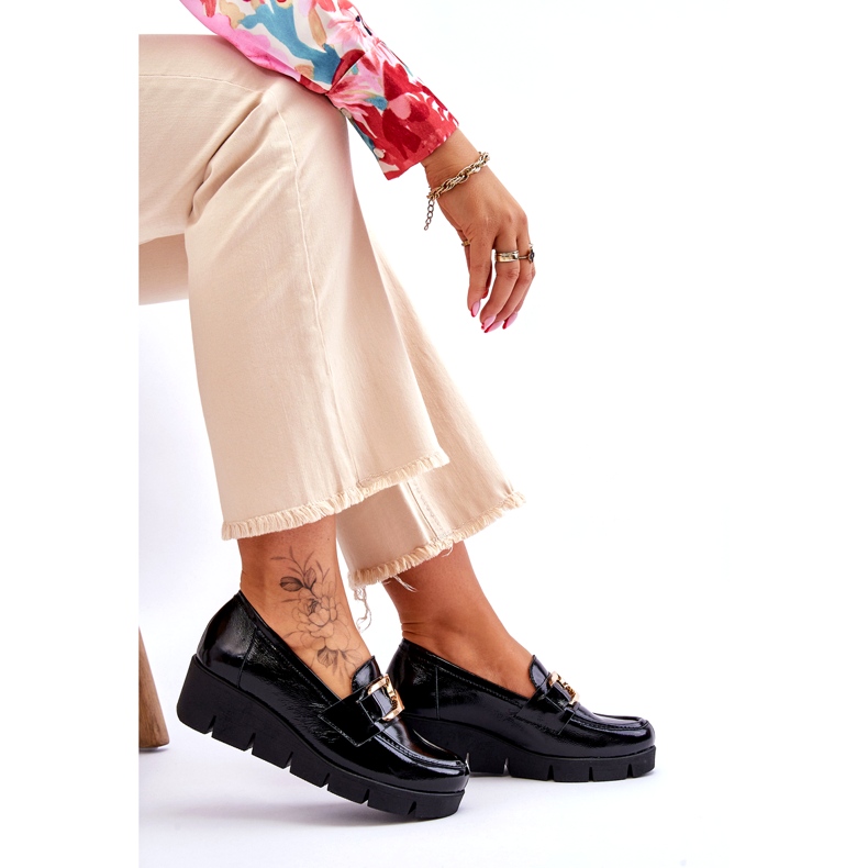 Lemar Lakierowane Mokasyny  Z Ozdobą Na Koturnie Czarne 4