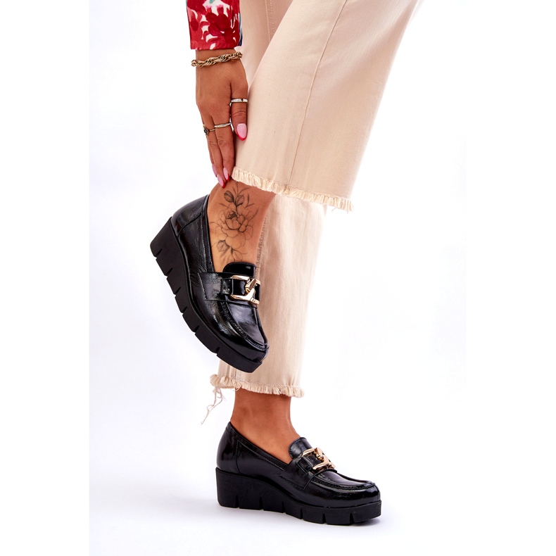 Lemar Lakierowane Mokasyny  Z Ozdobą Na Koturnie Czarne 2