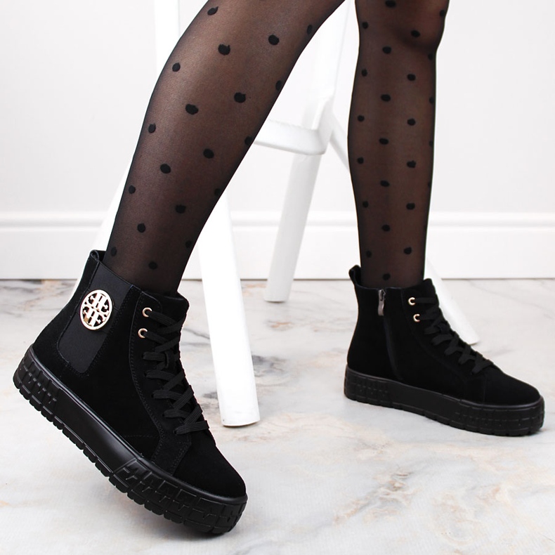 Skórzane zamszowe botki damskie na platformie ocieplane czarne Filippo DBT4715 2