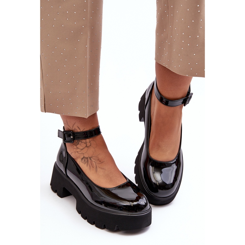 WS1 Damskie Lakierowane Półbuty Na Niskim Obcasie Z Klamrą Czarne Owena 1