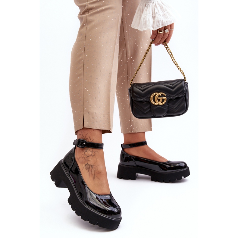 WS1 Damskie Lakierowane Półbuty Na Niskim Obcasie Z Klamrą Czarne Owena 2