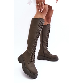 PS1 Sznurowane Ocieplane Kozaki Glany Przed Kolano Ciemnozielone Bergdis 1