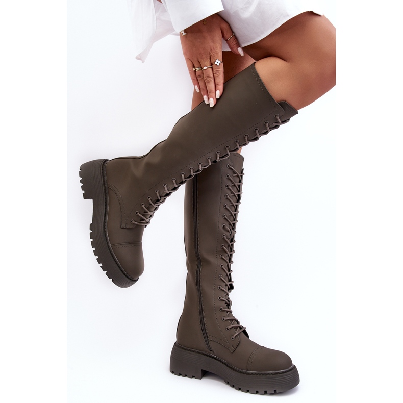 PS1 Sznurowane Ocieplane Kozaki Glany Przed Kolano Ciemnozielone Bergdis 2