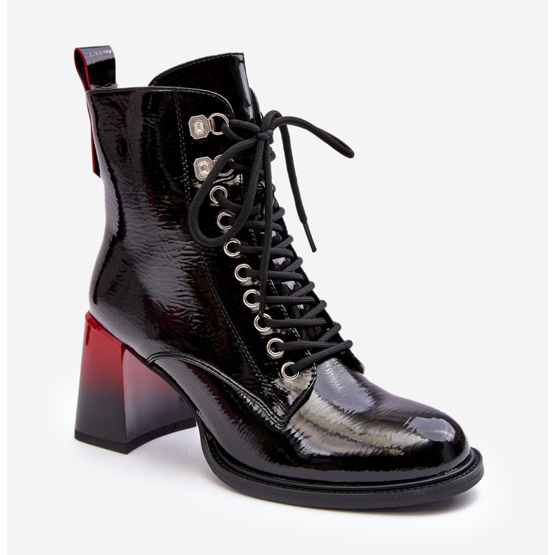 S.Barski Lakierowane Botki Na Słupku Sznurowane D&A MR870-06 Czarne 1