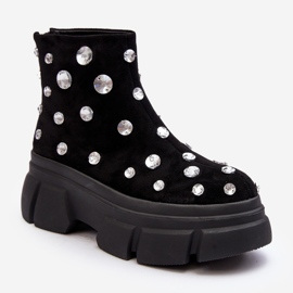 S.Barski Zamszowe Ocieplane Botki Z Kryształkami D&A MR870-83 Czarne 2