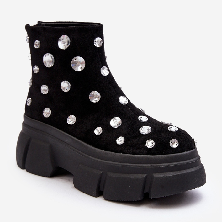 S.Barski Zamszowe Ocieplane Botki Z Kryształkami D&A MR870-83 Czarne 2