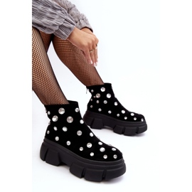 S.Barski Zamszowe Ocieplane Botki Z Kryształkami D&A MR870-83 Czarne 1