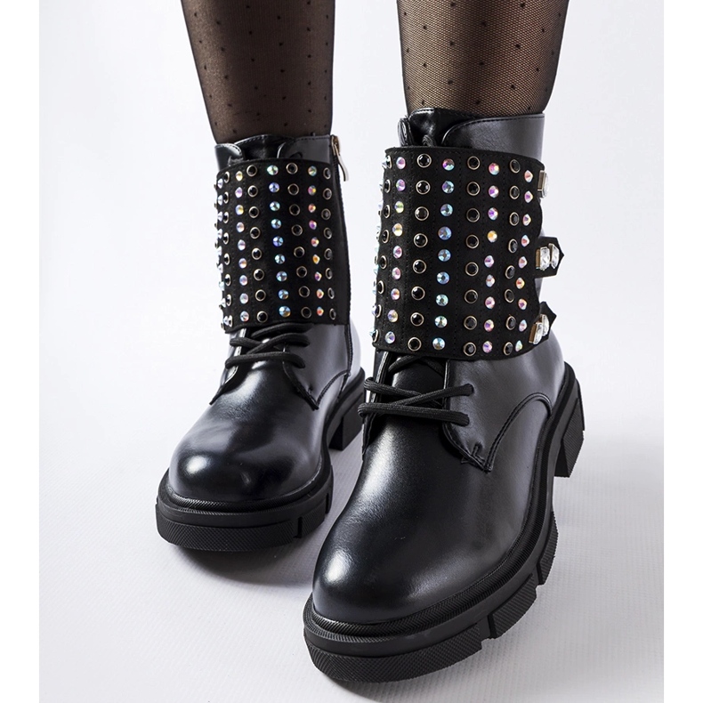 Czarne botki zdobione cyrkoniami Cento 2