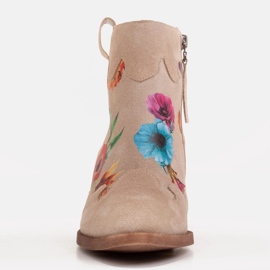 Marco Shoes Beżowe botki z naturalnego zamszu z nadrukiem kwiatowym beżowy 3