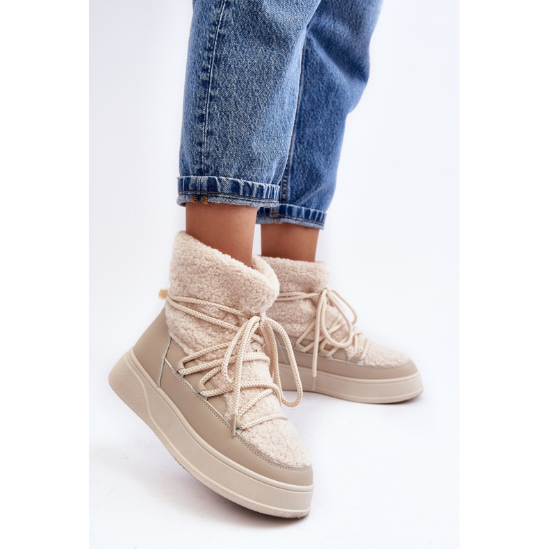 FG2 Damskie Śniegowce Na Platformie Jasnobeżowe Ahatissa beżowy 1