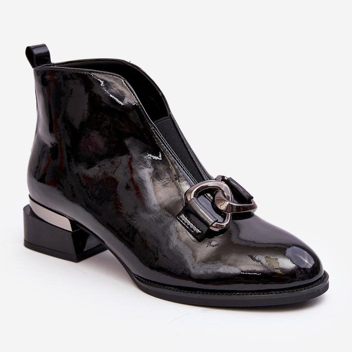 Vinceza Lakierowane Botki Damskie Na Niskim Obcasie Ocieplane Czarne Loos 1