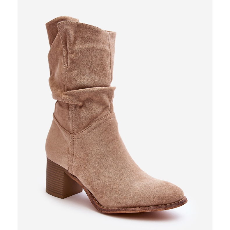 Botki Damskie Ocieplane Z Marszczoną Cholewką Na Słupku Beżowe Shavy beżowy 2