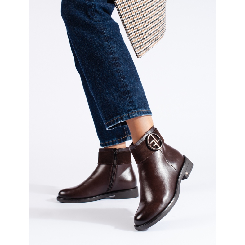 W. Potocki Brązowe niskie botki na płaskim obcasie Potocki 1