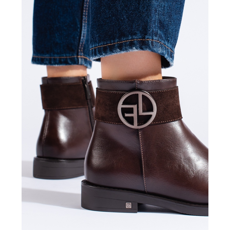 W. Potocki Brązowe niskie botki na płaskim obcasie Potocki 2