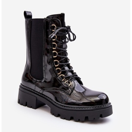 Lakierowane Botki Workery Damskie Czarne Charmea 1