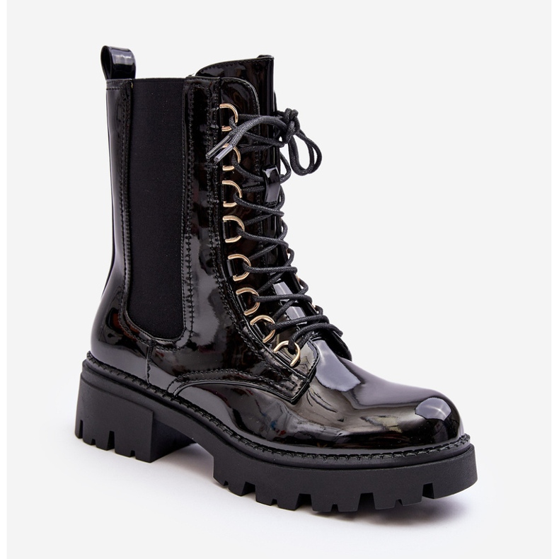 Lakierowane Botki Workery Damskie Czarne Charmea 1