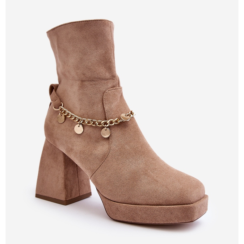 Damskie Botki Na Słupku Z Łańcuszkiem Beżowe Tiselo beżowy 1