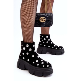 S.Barski Zamszowe Ocieplane Botki Z Kryształkami D&A MR870-83 Czarne 2