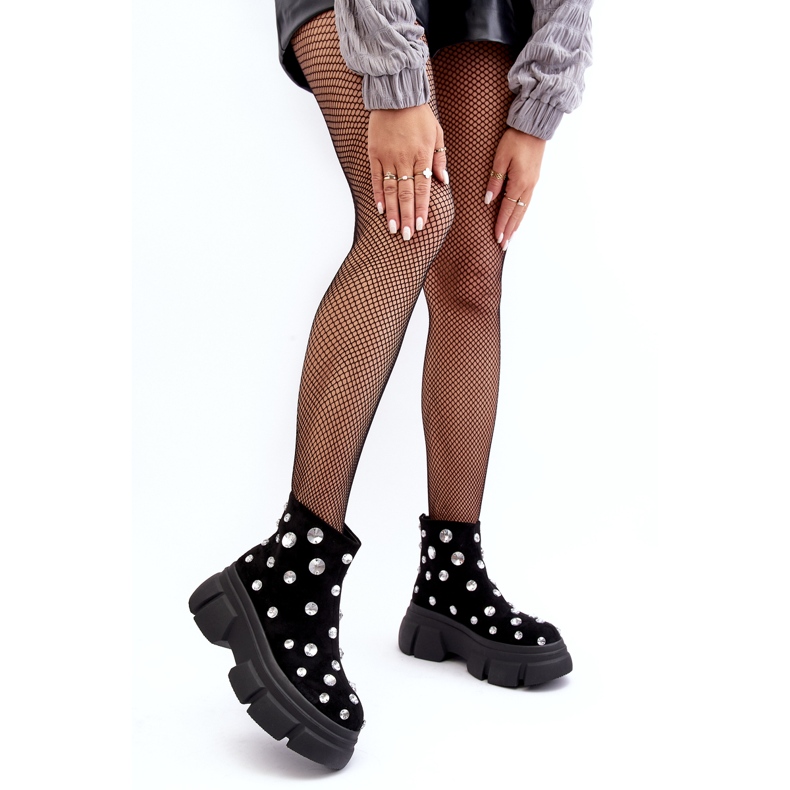 S.Barski Zamszowe Ocieplane Botki Z Kryształkami D&A MR870-83 Czarne 1