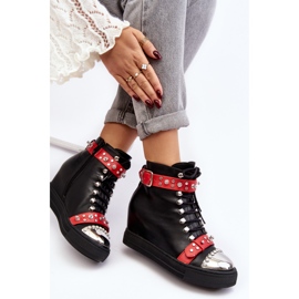 Ocieplane Botki Na Koturnie Z Dżetami Ekoskóra Lu Boo Czarne 1