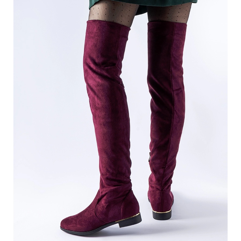 Długie bordowe ciepłe kozaki eko-zamsz Elwira czerwone 1