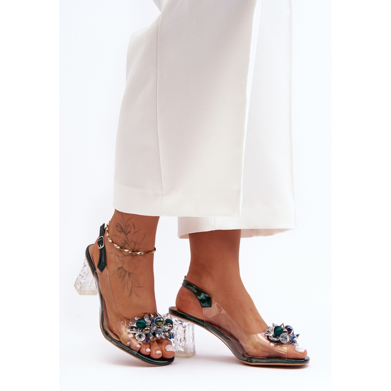 Sandały Zdobione Na Obcasie Ciemnozielone S.Barski MR1037-16 1