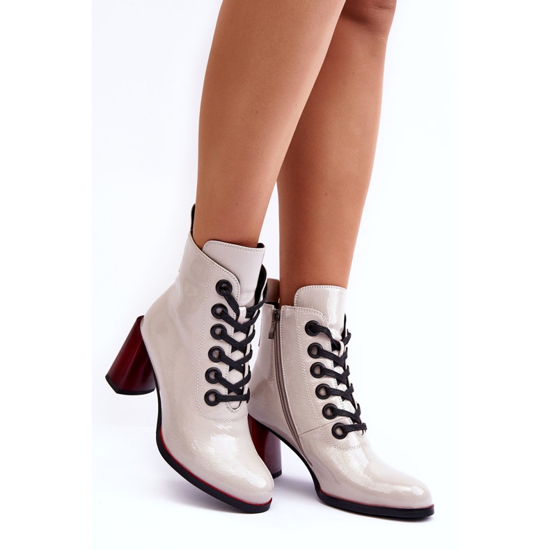 Lakierowane Sznurowane Botki Na Słupku S.Barski MR870-15 Jasnoszare 5