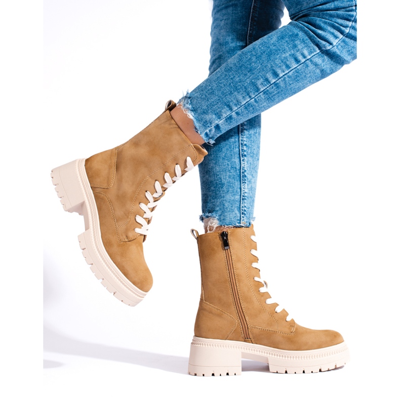 W. Potocki Camelowe sznurowane botki Potocki brązowe 2