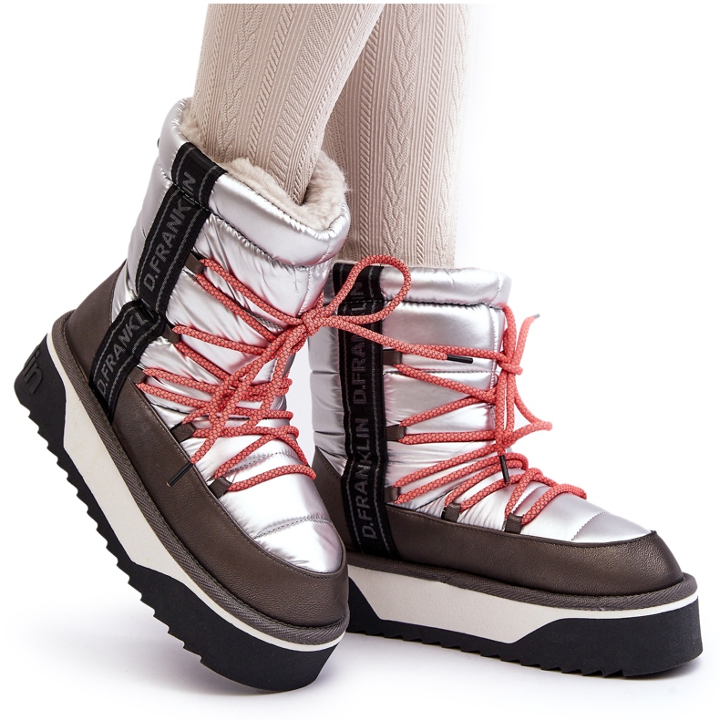 Śniegowce damskie na Grubej podeszwie wegańskie D.Franklin DFSH371006 srebrne srebrny 5