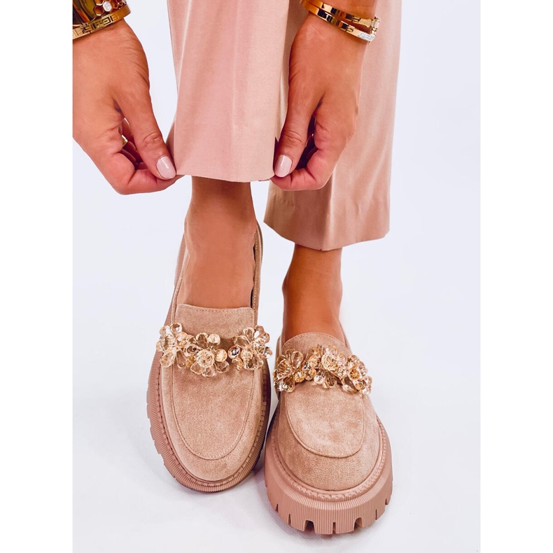Mokasyny z kryształkami Heidi Khaki beżowy 1