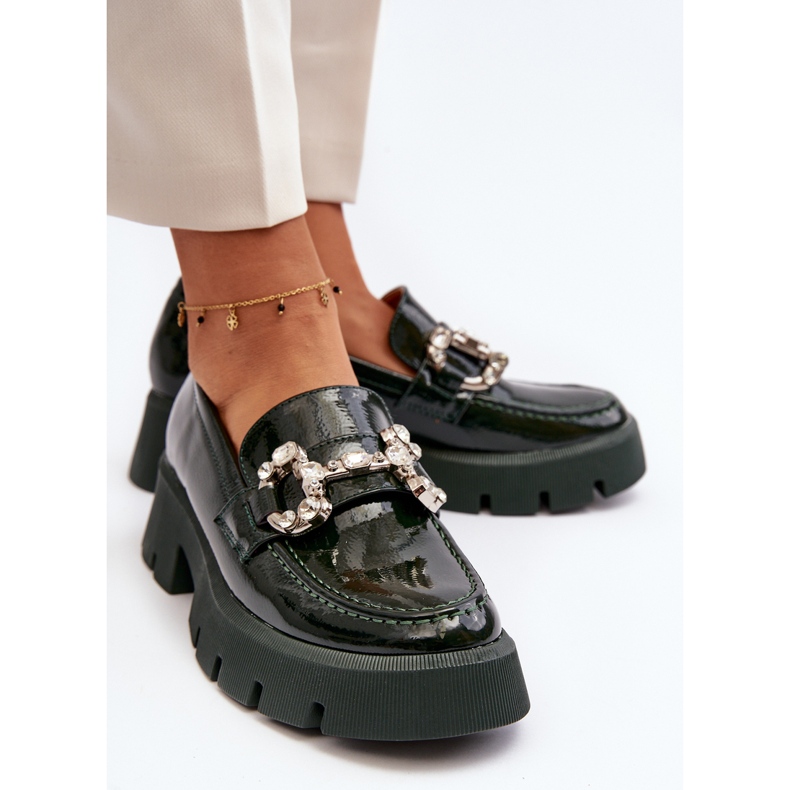 Damskie Lakierowane Mokasyny Z Ozdobą Ciemnozielone Arsaba 1