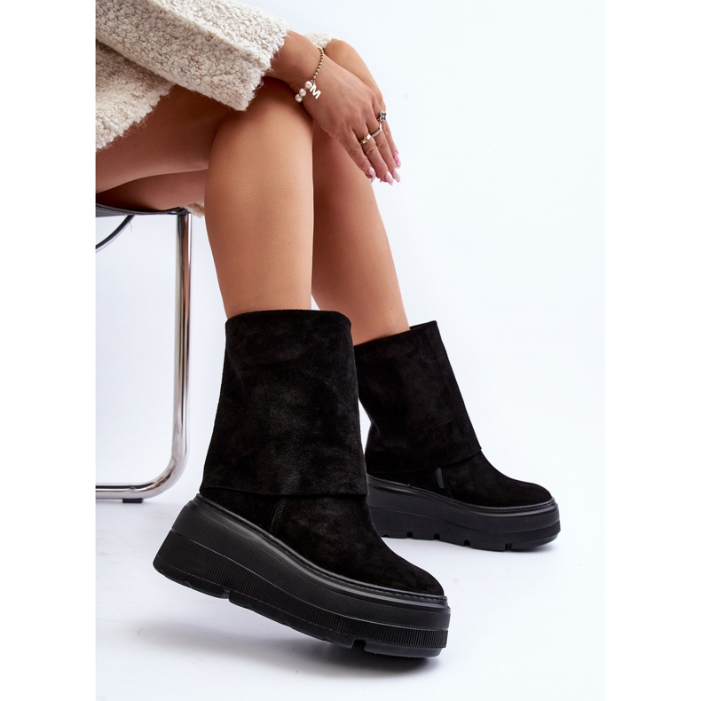 Zazoo 3410 Zamszowe Damskie Botki Na Masywnej Platformie Czarne 1