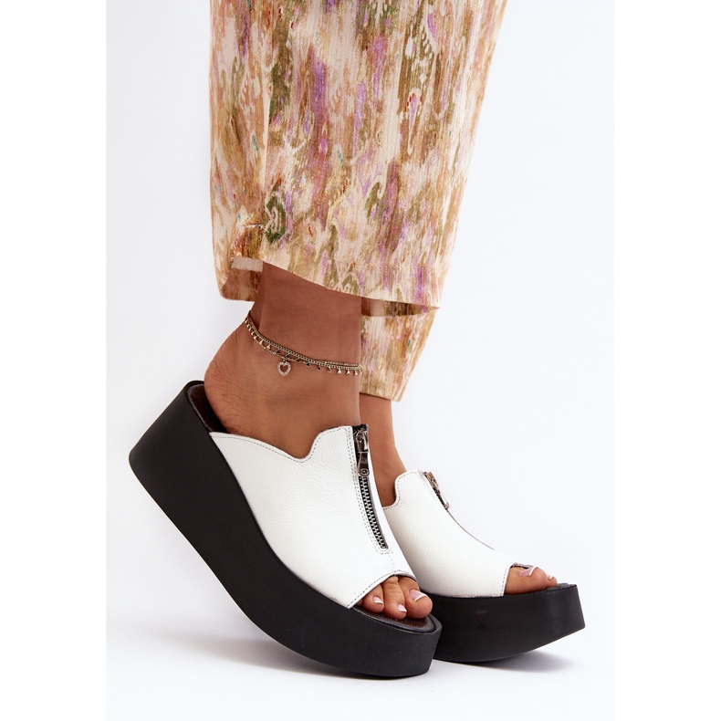 Zazoo 2916 Damskie Klapki Na Masywnej Platformie Z Suwakiem Białe 2