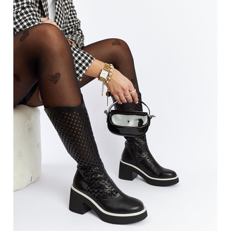 Czarne ażurowe kozaki na słupku Anahola 2