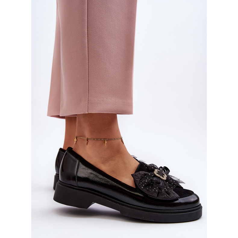 Damskie Lakierowane Mokasyny Z Kokardą Laura Messi 2786 Czarne 1