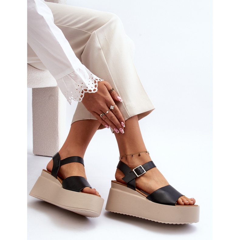 Damskie Sandały Na Koturnie Czarne Geferia 1