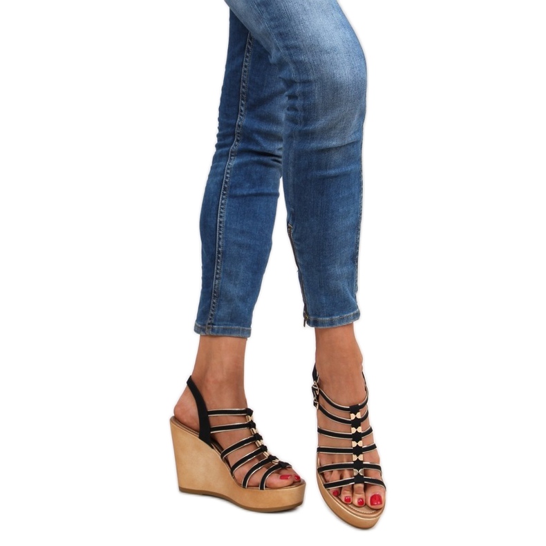 Sandałki na koturnie GM-5032 black czarne 2