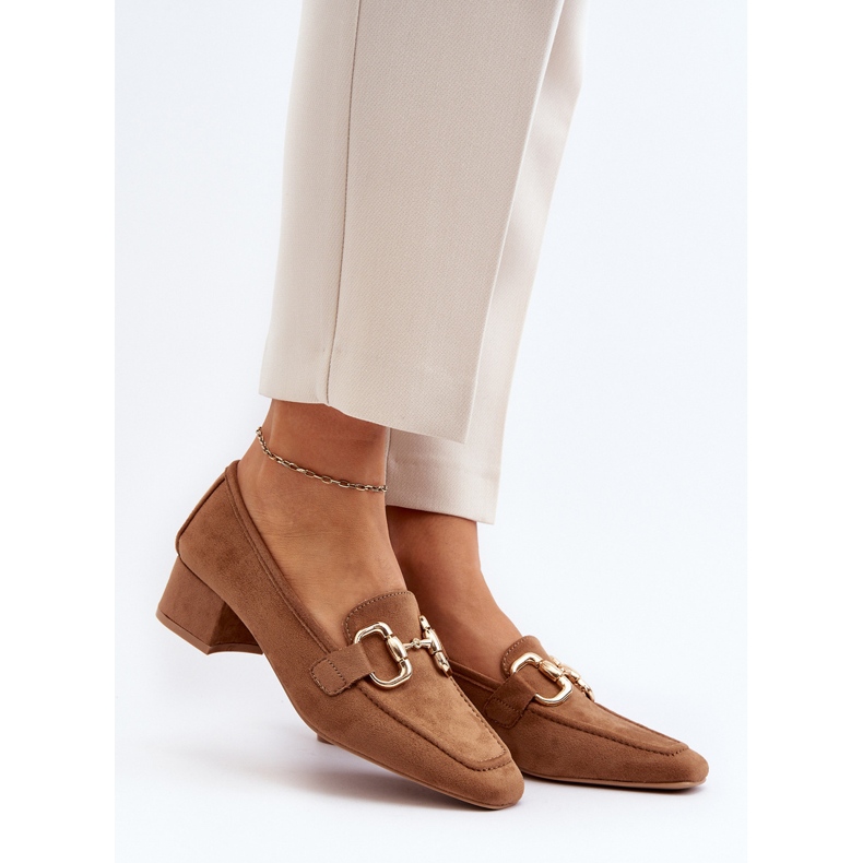 Czółenka Na Niskim Obcasie Klocku Z Ozdobą Camel Dolvira brązowe 2