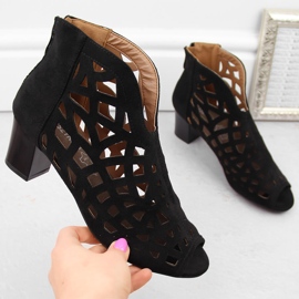 M. DASZYŃSKI Zamszowe botki damskie ażurowe open toe czarne M.Daszyński MR1954-15 1