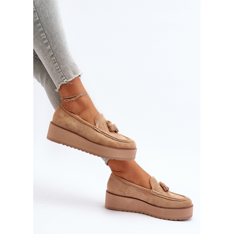 Mokasyny Damskie Na Platformie Z Frędzlami Brązowe Mialani 1