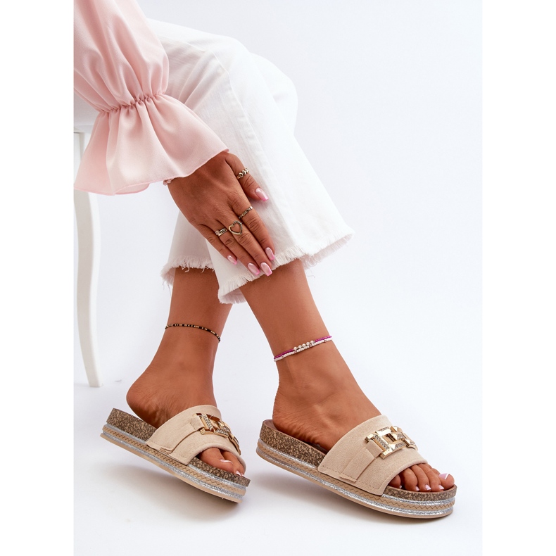 Damskie Klapki Na Platformie Z Ozdobą Beżowe Vapireta beżowy 1