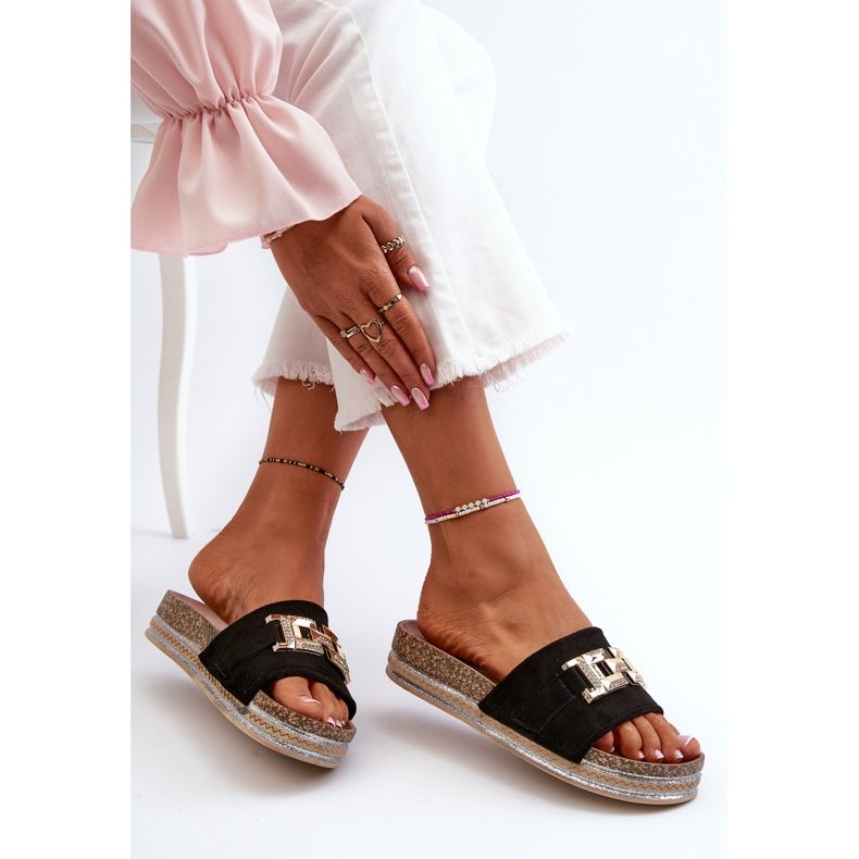 FK1 Damskie Klapki Na Platformie Z Ozdobą Czarne Vapireta 1