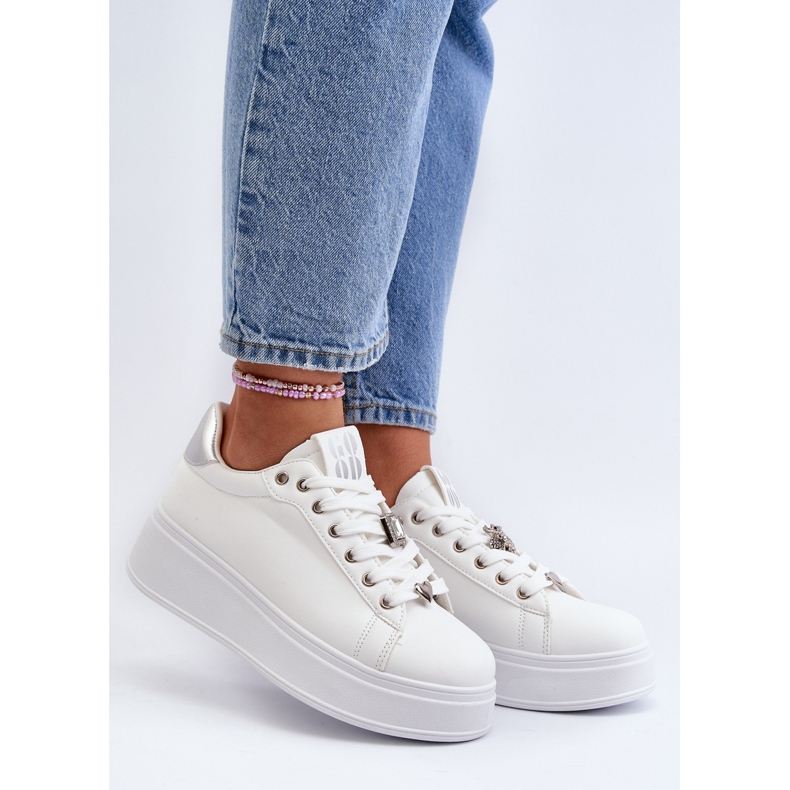 Sneakersy Damskie Na Platformie Z Ozdobami Białe Herbisa 2