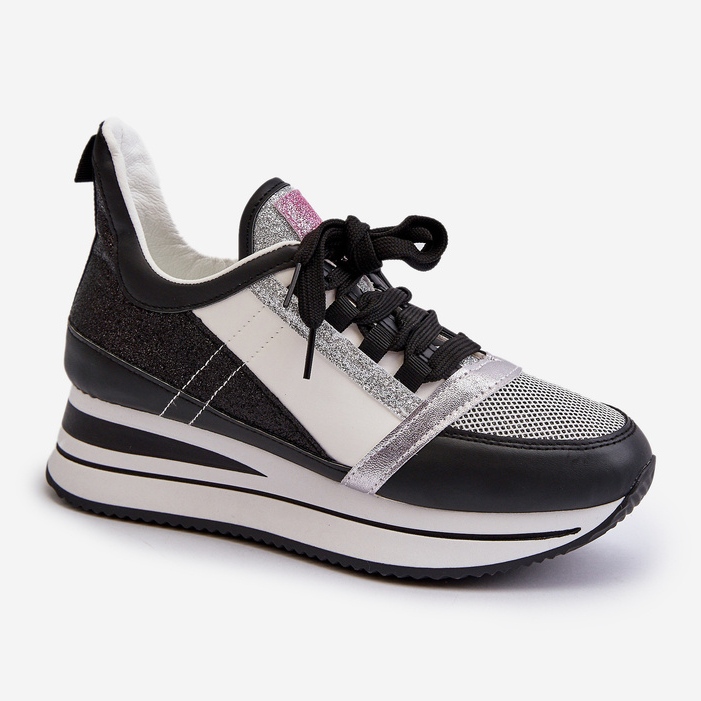 Damskie Sneakersy Na Koturnie I Platformie Z Brokatem Czarne Rafani 1