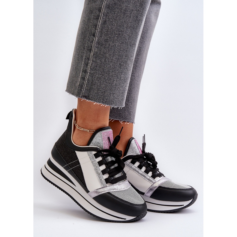 Damskie Sneakersy Na Koturnie I Platformie Z Brokatem Czarne Rafani 2
